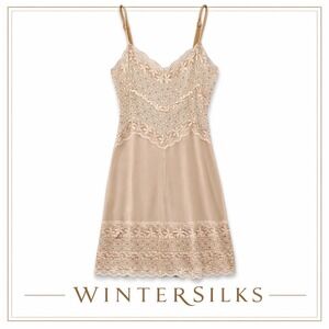 WinterSilks Womens Silk Lace Chemise Slip Dress Nude Beige Lace Trim Size S